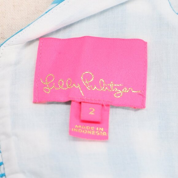 LILLY PULITZER Sarafina Crinkle Gingham Top Turquoise Oasis Blue Size 2 - Picture 8 of 9